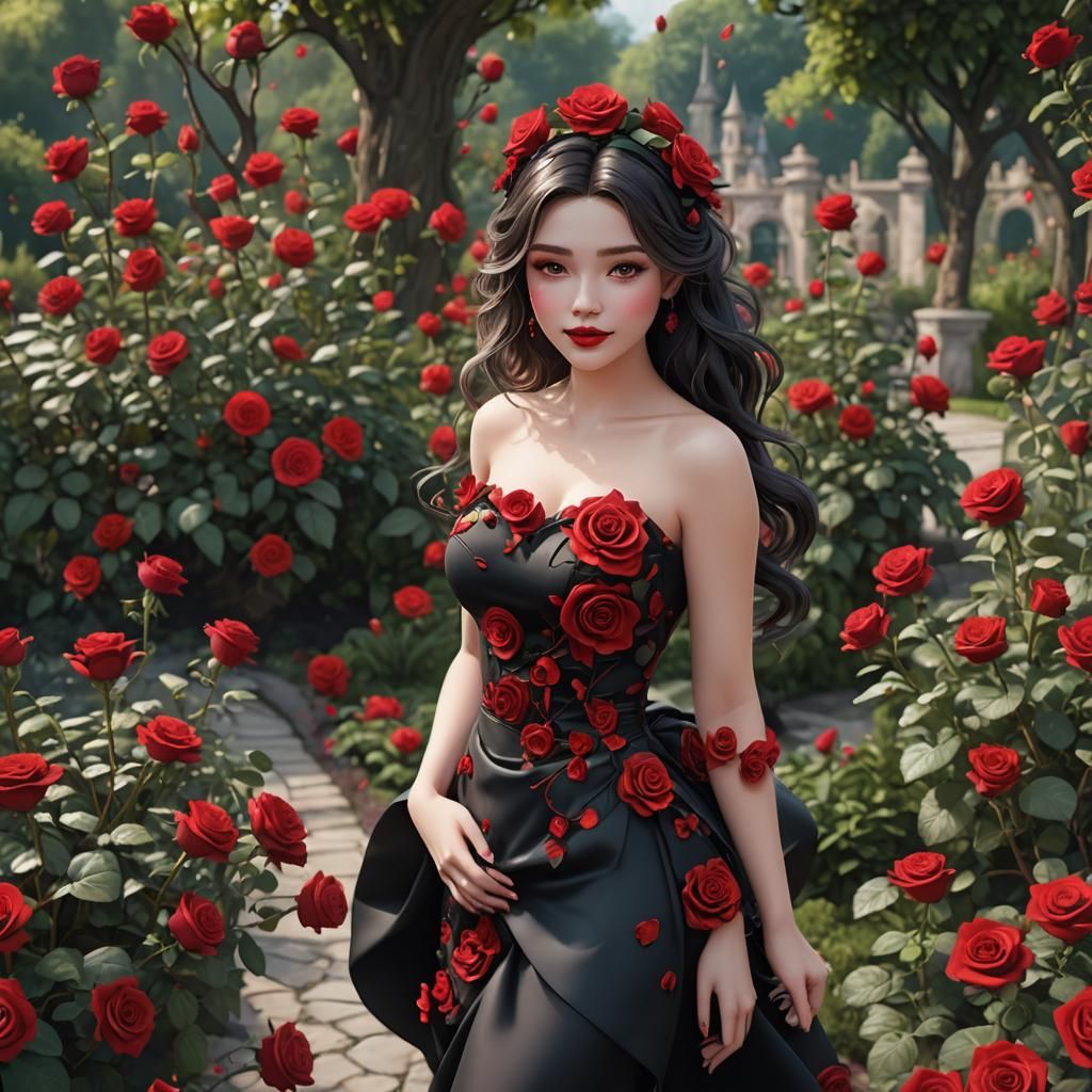 Stunning Red and Black Dress in a Fantastical Garden