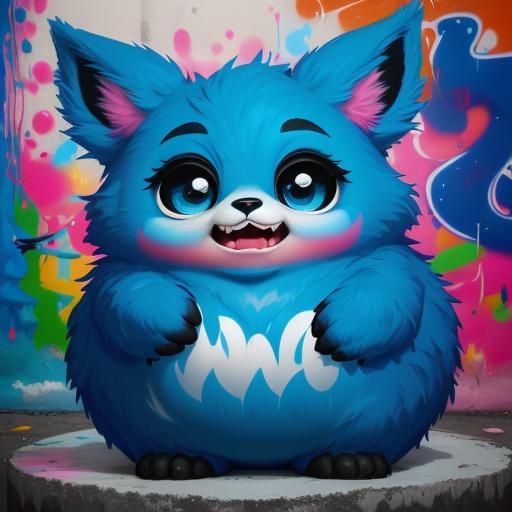 Chubby Blue Fuzzy Humanoid Creature in Vibrant Street Art St...