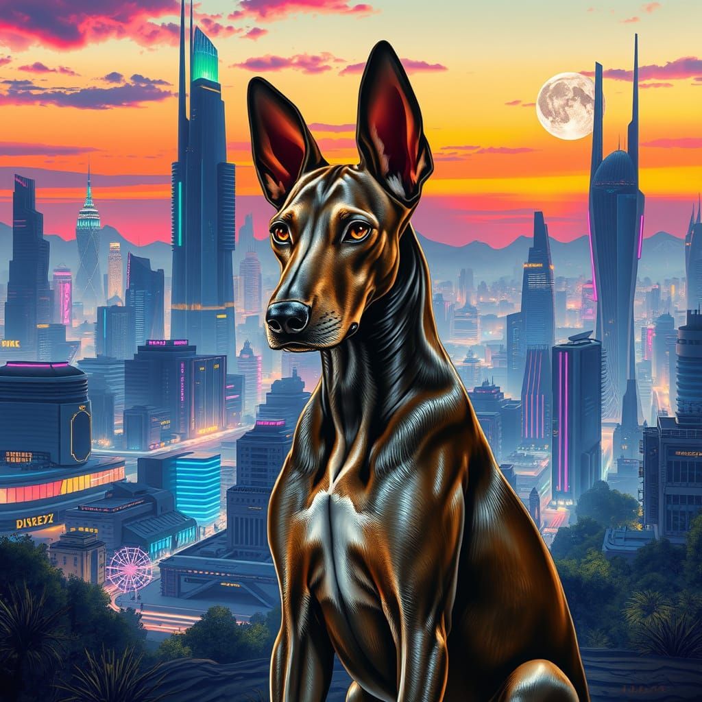 Futuristic Cityscape with Thai Ridgeback Dog Art
