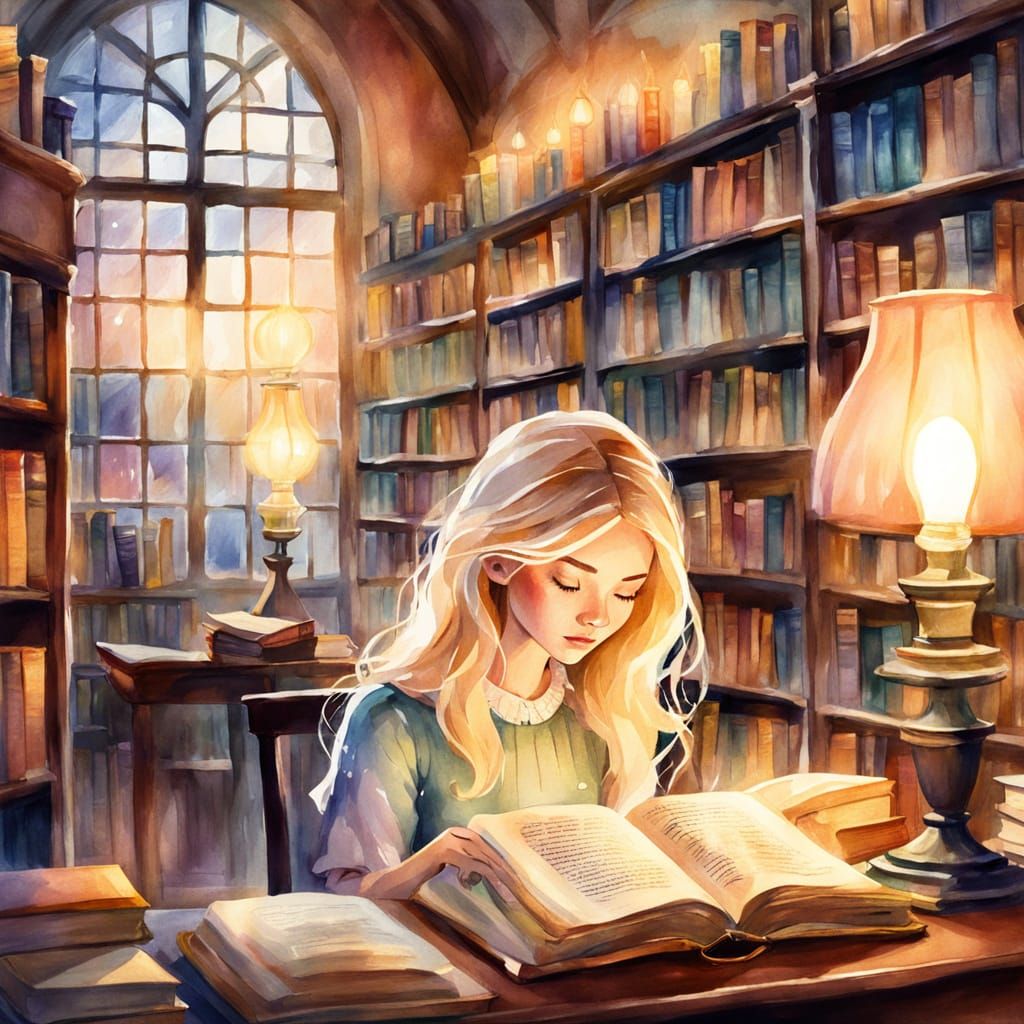 Girl Reading in Library: Whimsical Watercolor Illustration
