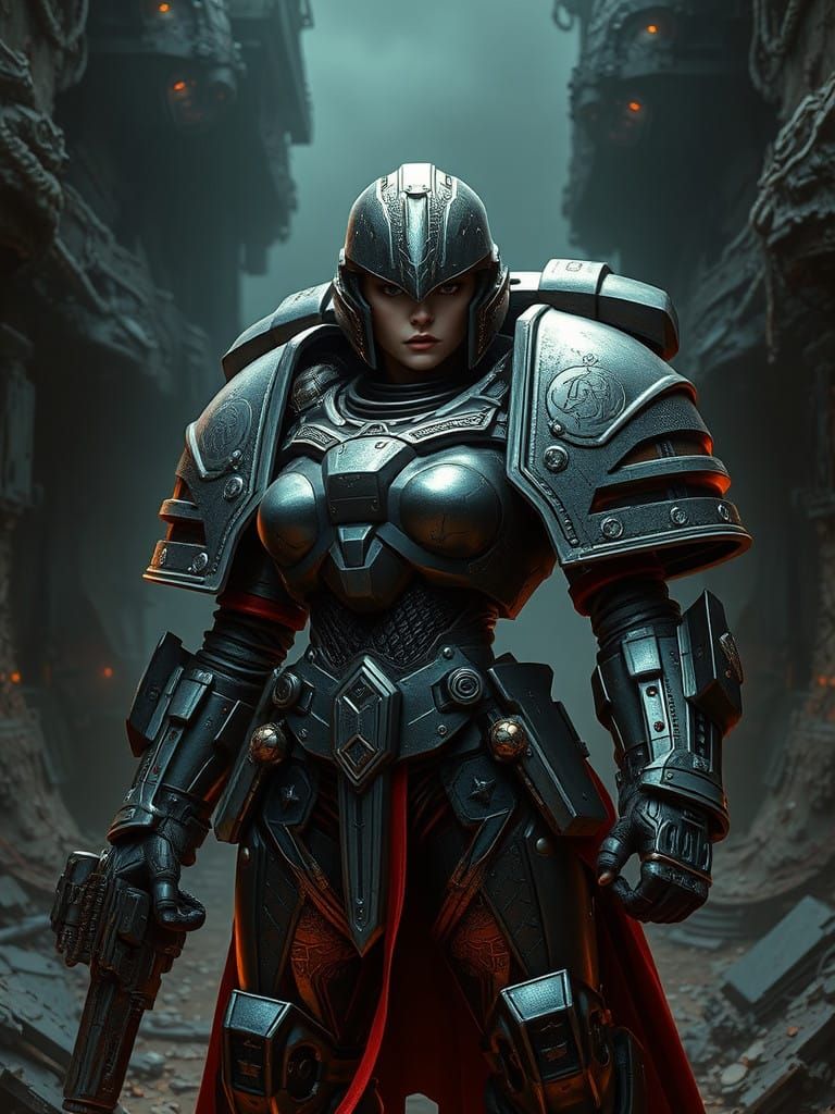 Female Custodes Warrior Standing Resolute in Grim Warhammer....