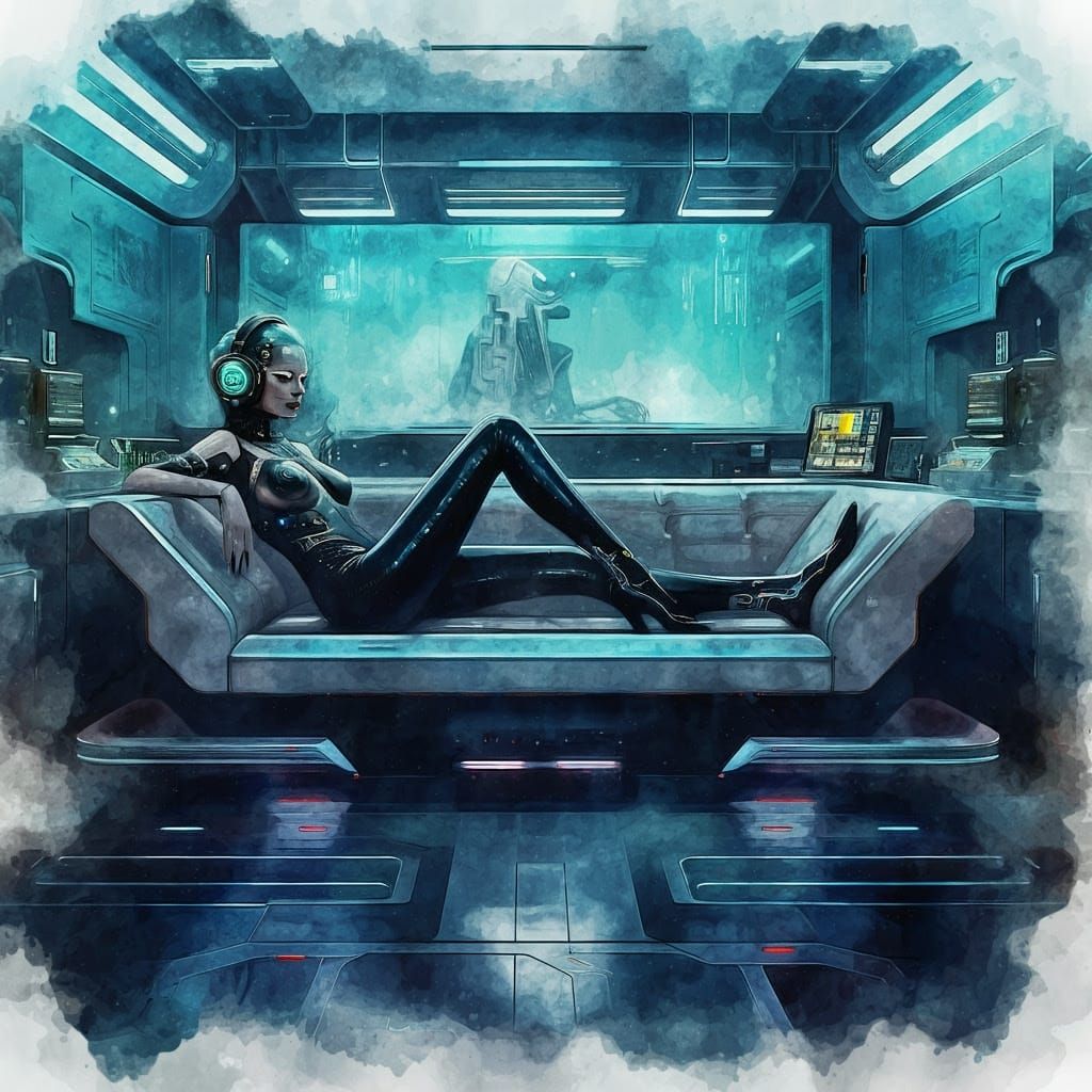 Futuristic Lounge Interior in Watercolour Style