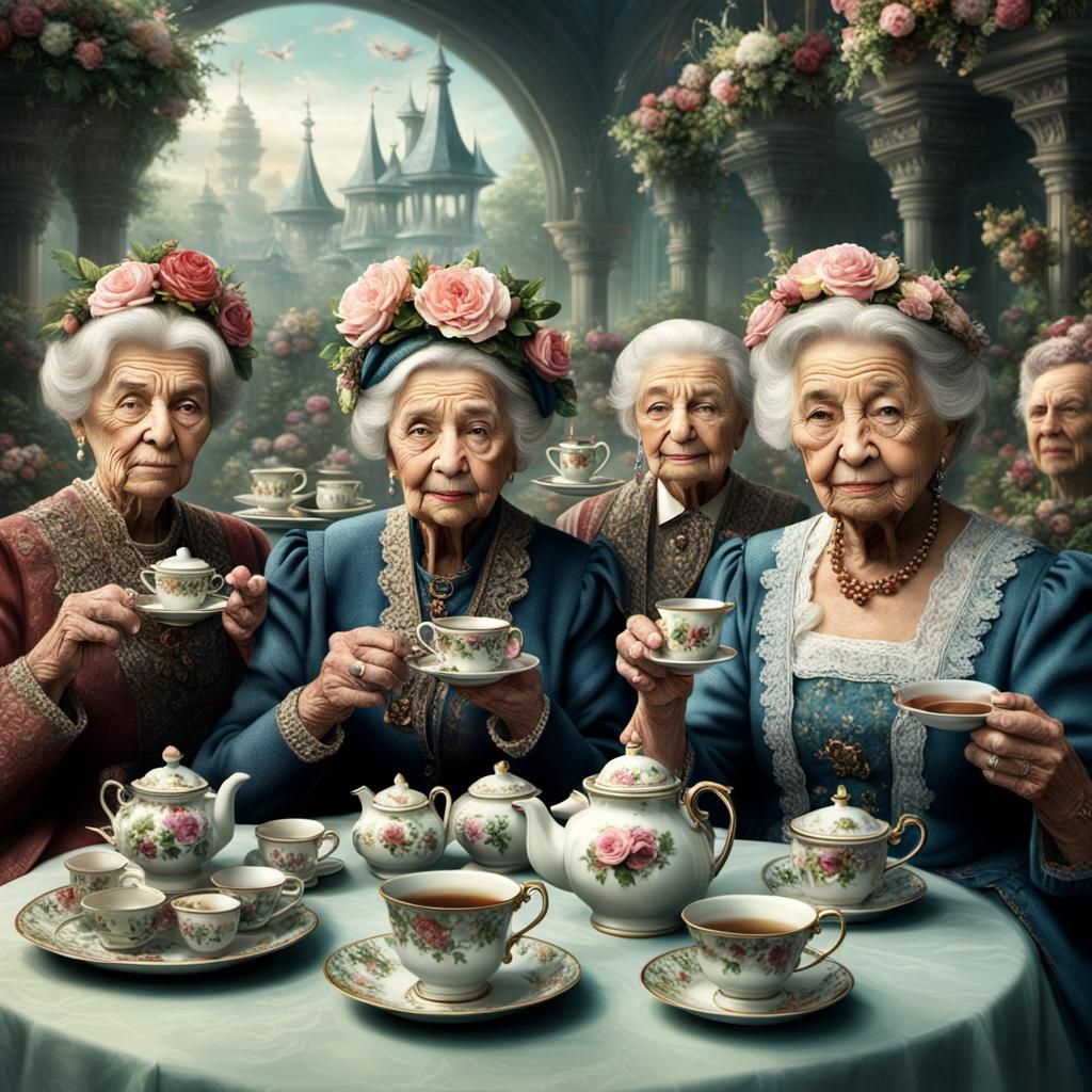 Elderly Ladies Sip Tea at a Lavish Garden Party in a Maximal...