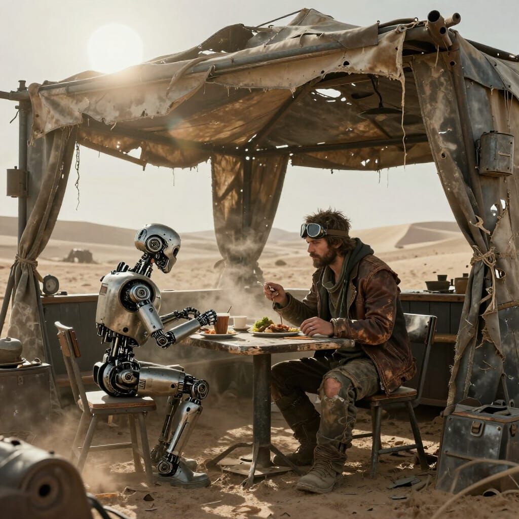 Dystopian Desert Cafe with Lone Wanderer and Robot