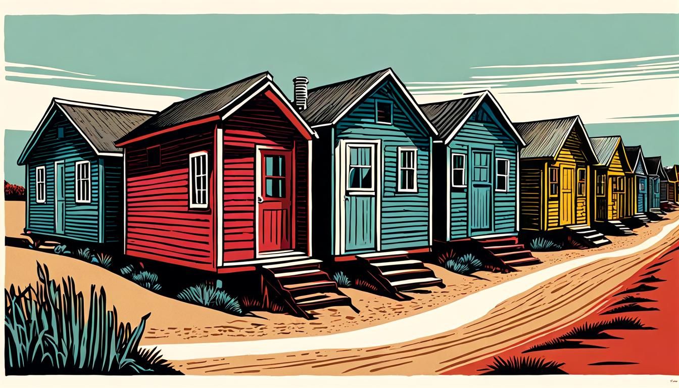 Colorful Guest Cabins in a Whimsical Woodcut Style