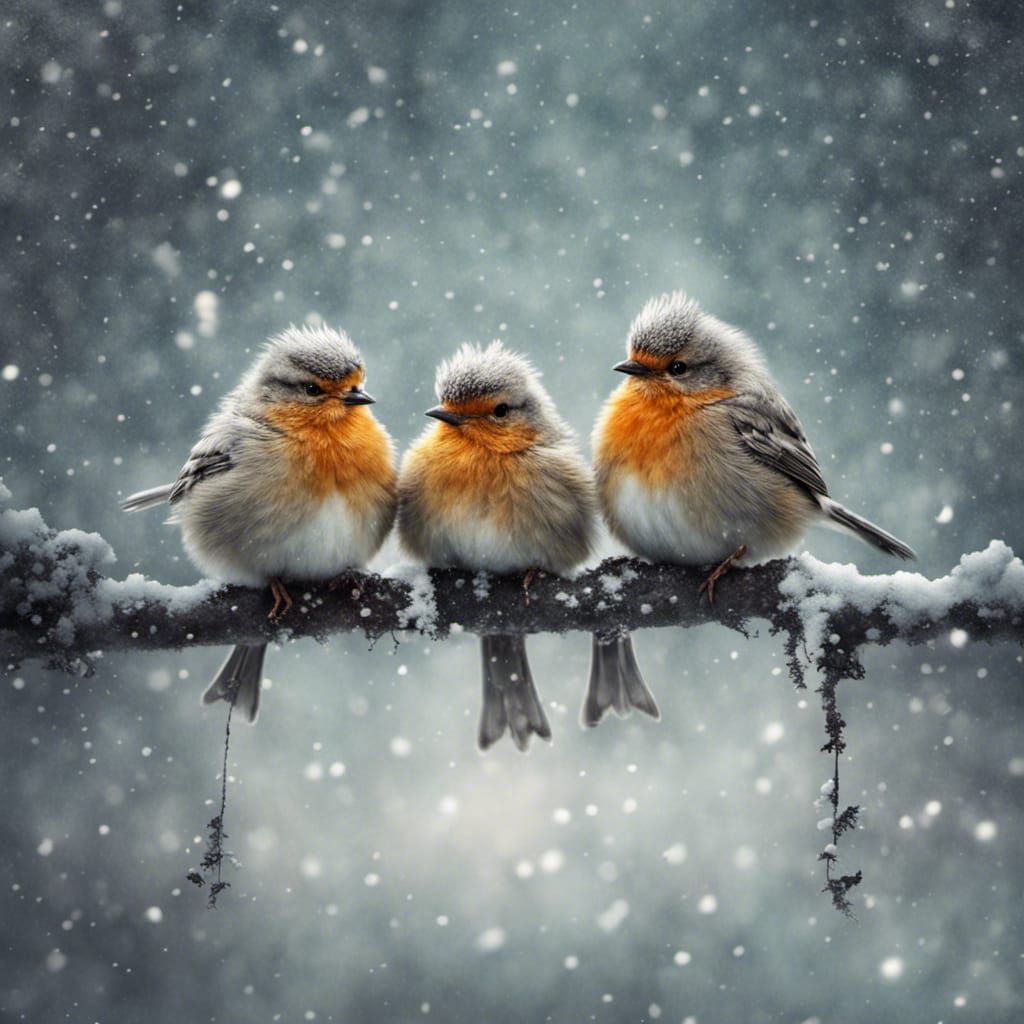 Birds Huddle Together in Winter Snow
