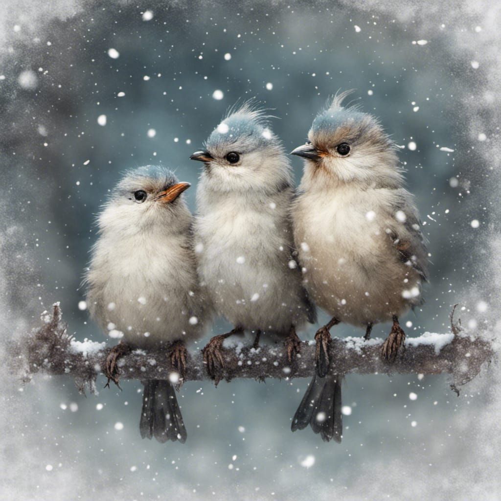Birds Huddle in Winter Snow, Storybook Illustration