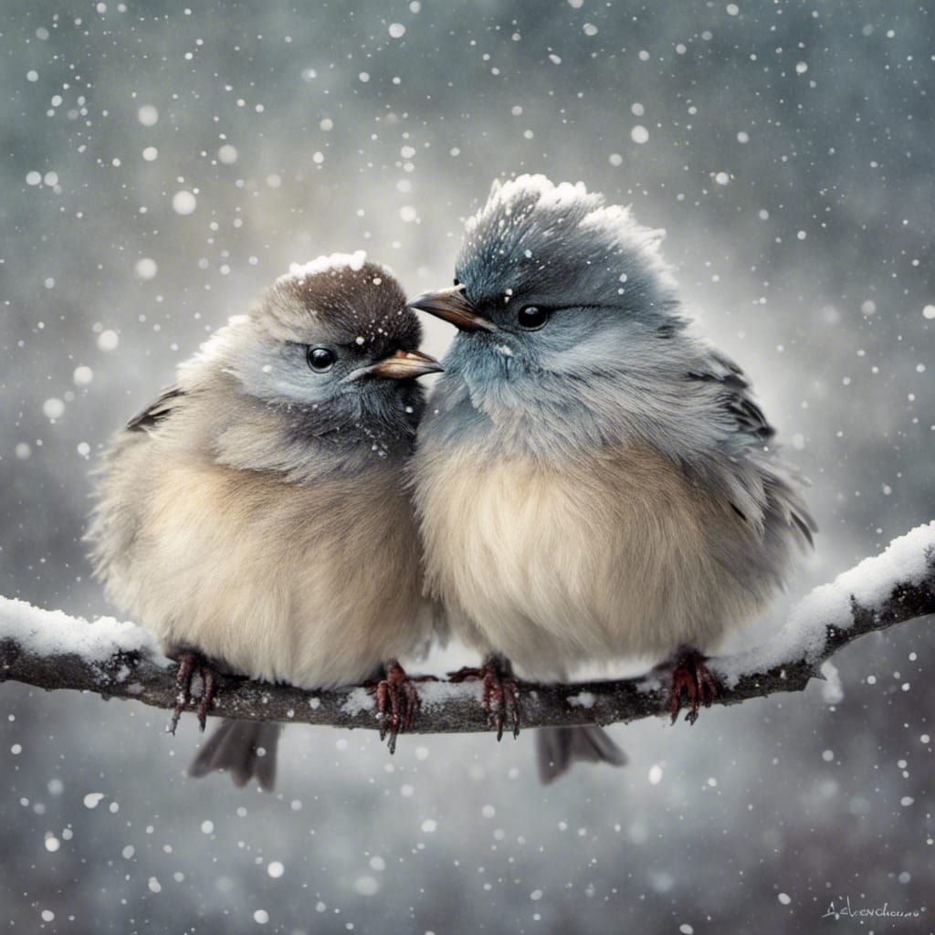 Birds Huddling in Winter Snow, Illustrated Style