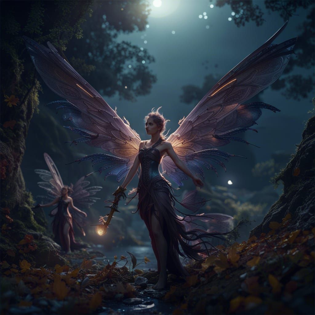Winged faeries in the moonlight