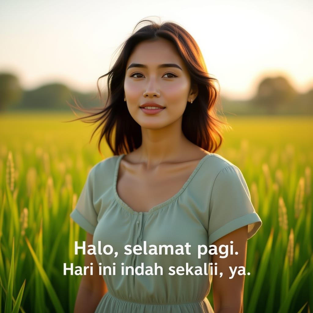 Young Woman in Sunrise Rice Field, Cinematic Style