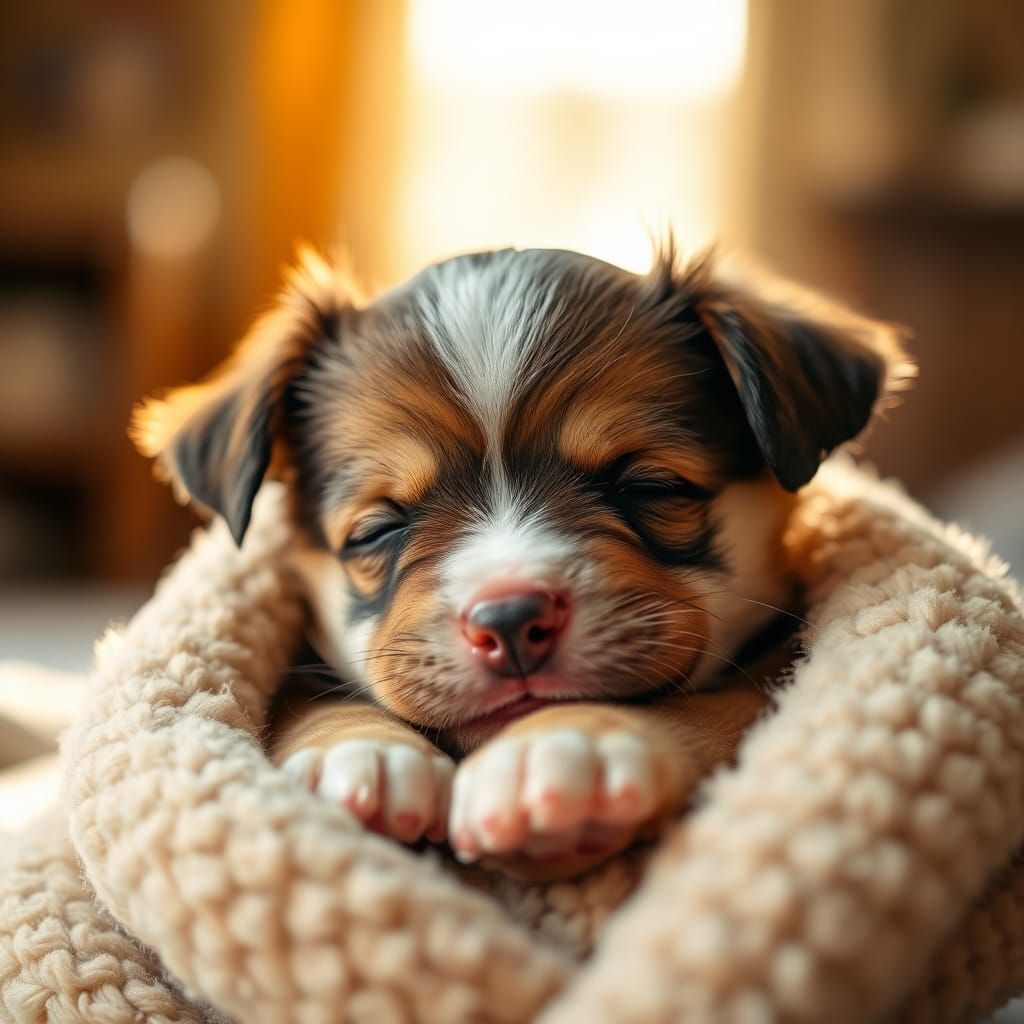 Chubby Puppy Awakens in Warm Golden Light