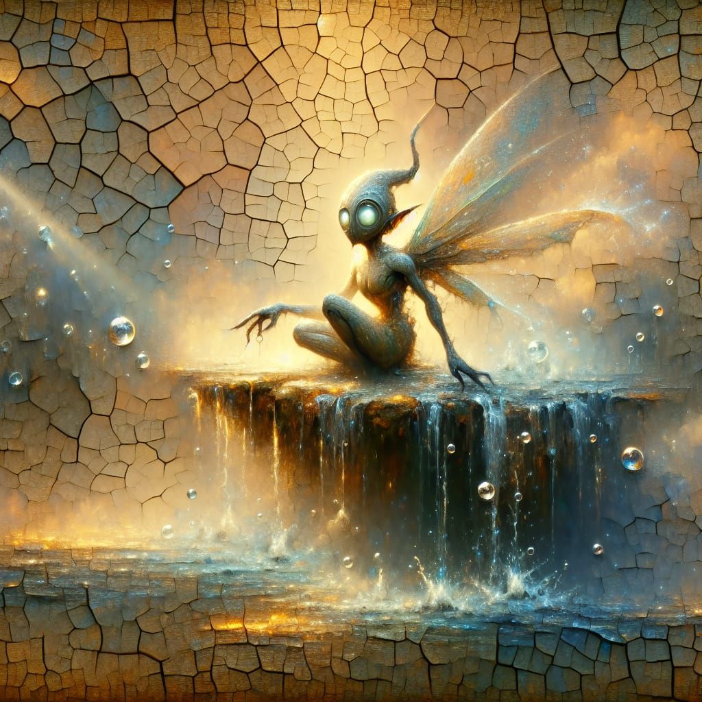 surreal gremlin on cracked paper