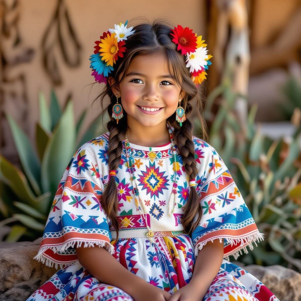 Girl in Hopi Dress with Indigenous Patterns