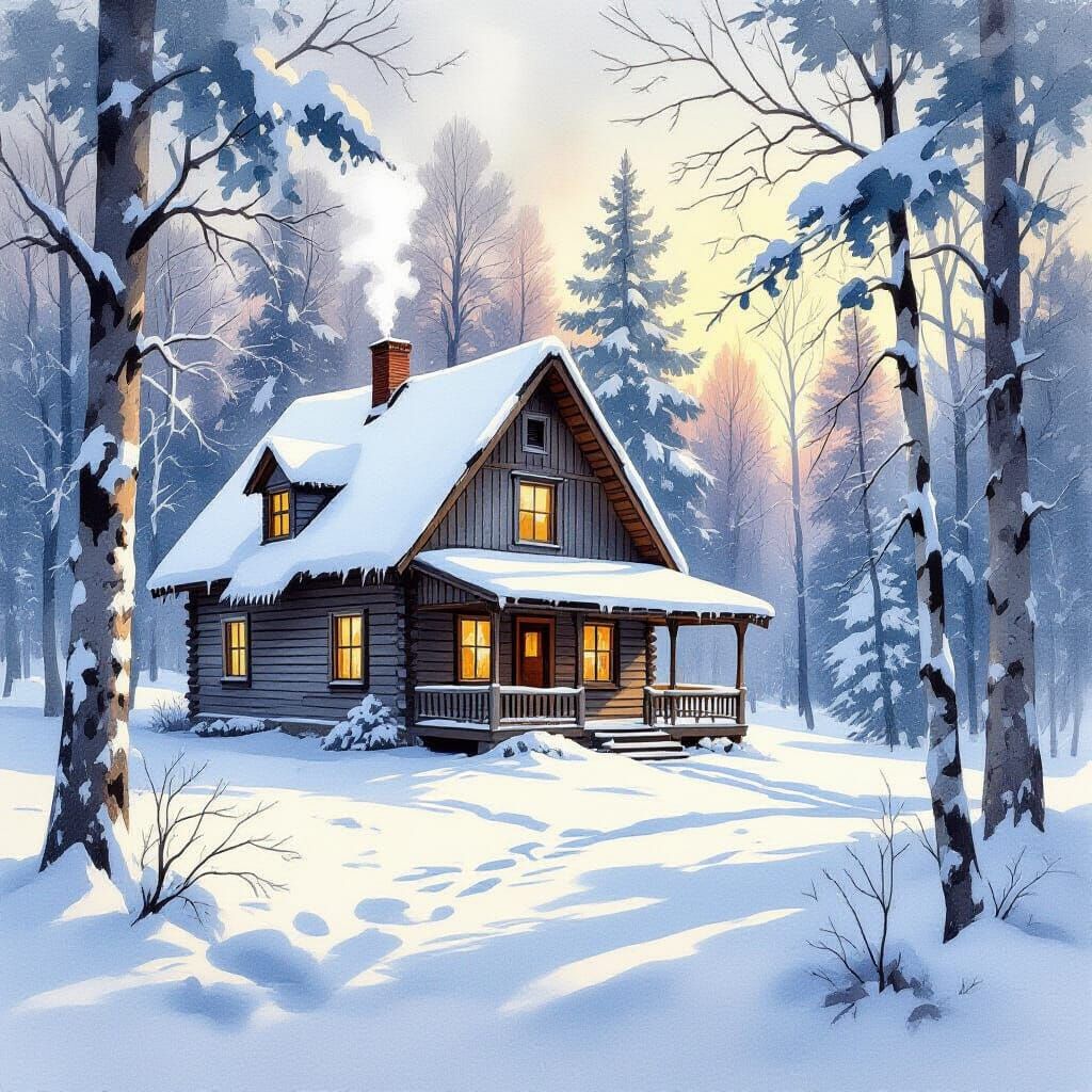 Rustic Winter Cabin in Snowy Forest Watercolor