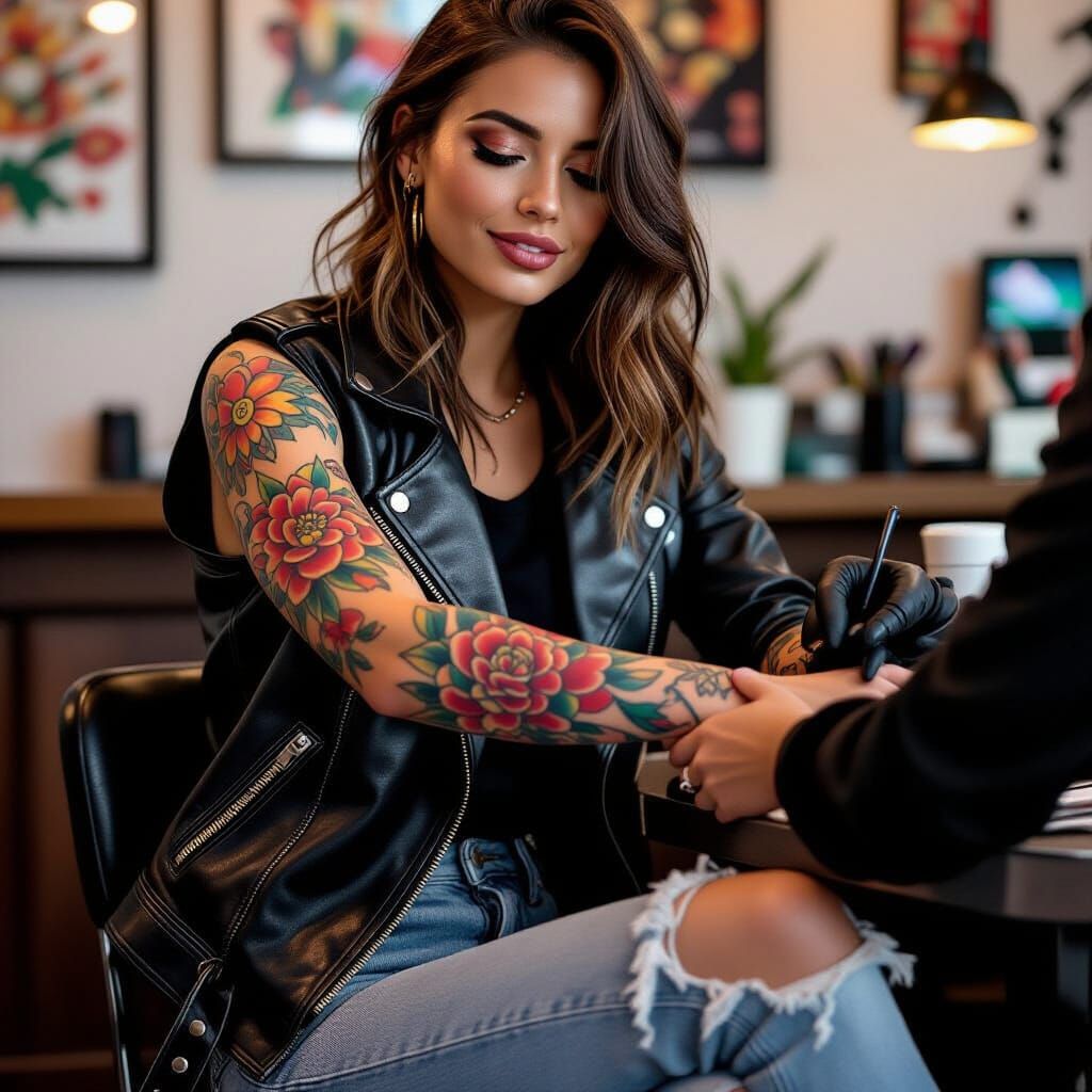 Woman Getting Colorful Flash Tattoo