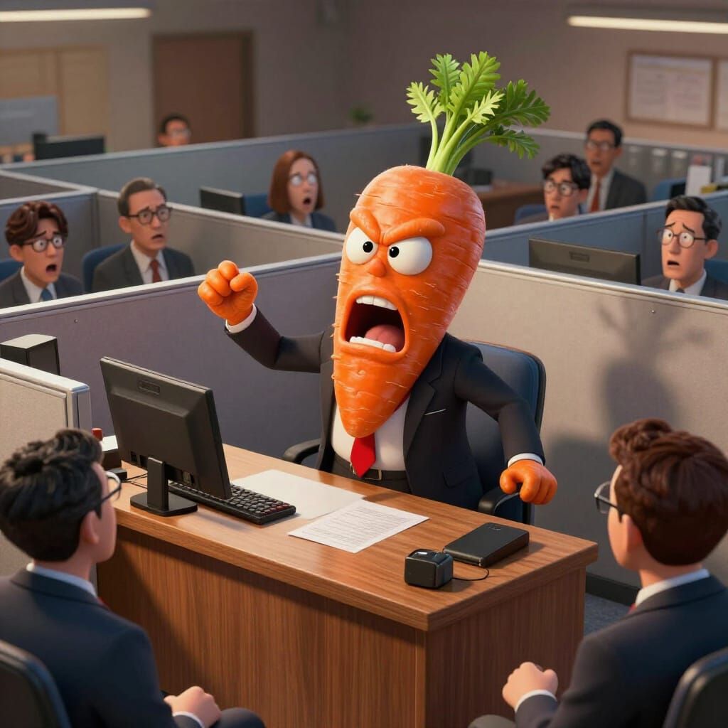 Angry Carrot Boss Shouts Orders in Chaotic Office