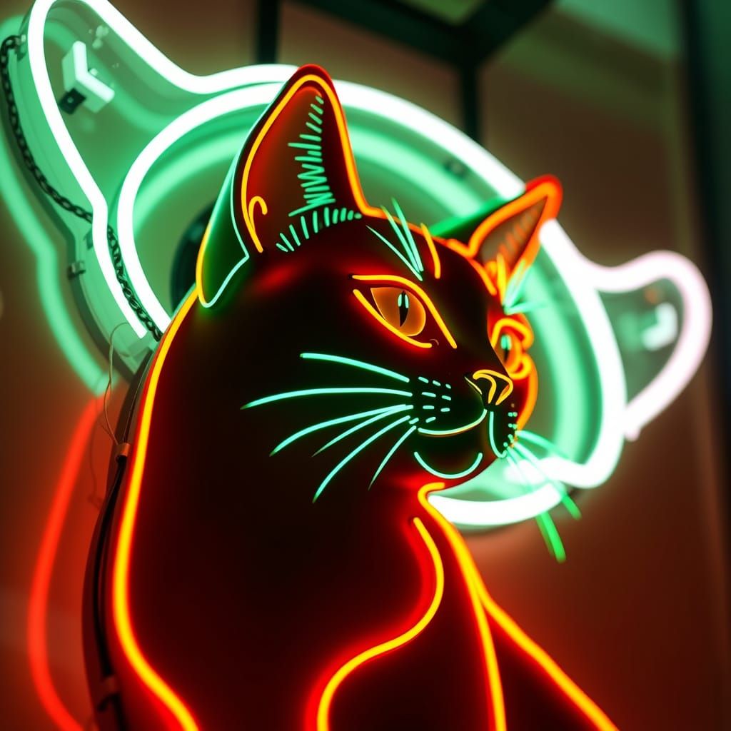 Neon sign, green and orange, of an elegant cat