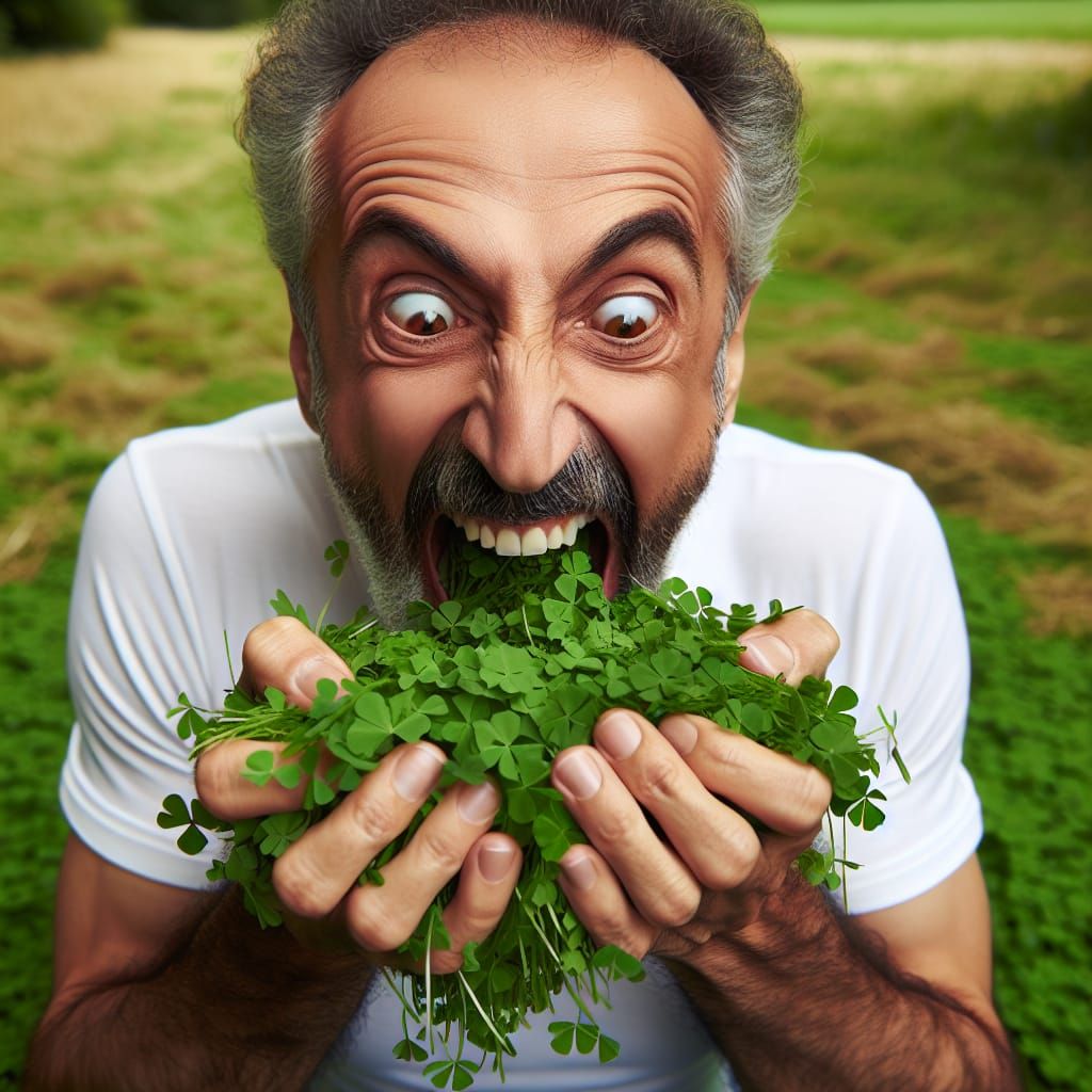 Middle Eastern Man Enjoys Exuberant Clover Feast in Open Fie...