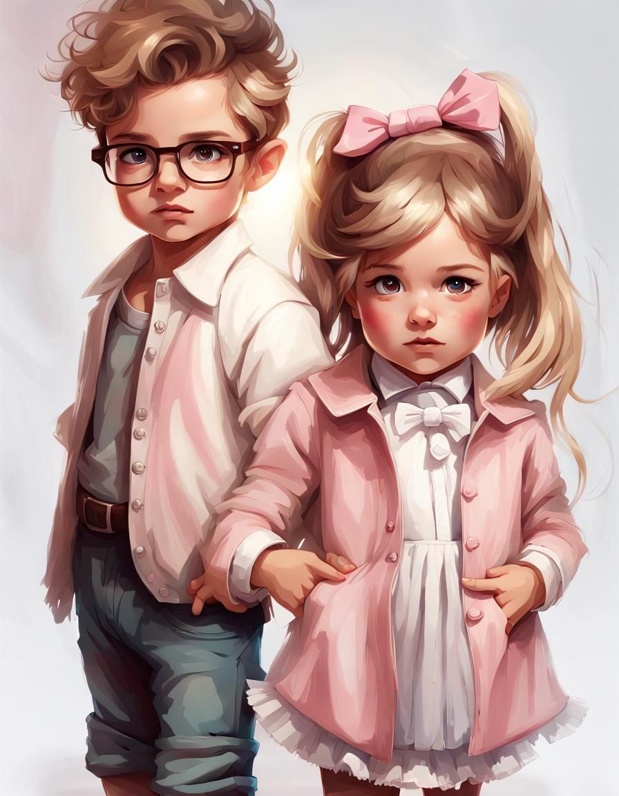 Intricately Detailed Portrait of a Toddler Girl and Her Brot...