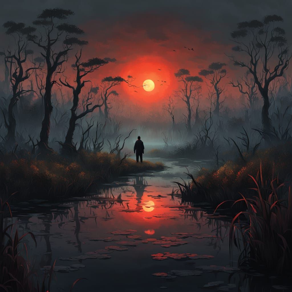 Eerie Swamp Landscape in Crimson Light