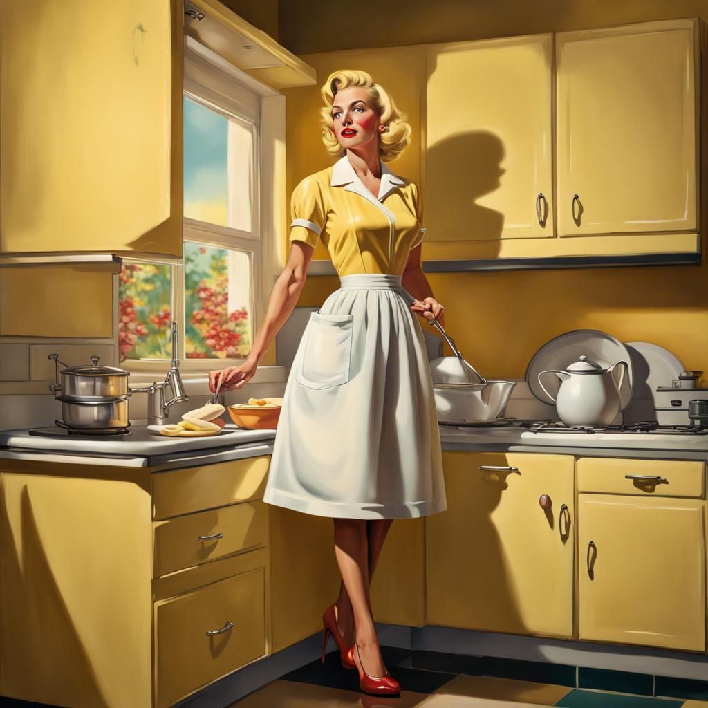 Sultry 1950s Housewife in Vibrant Kitchen