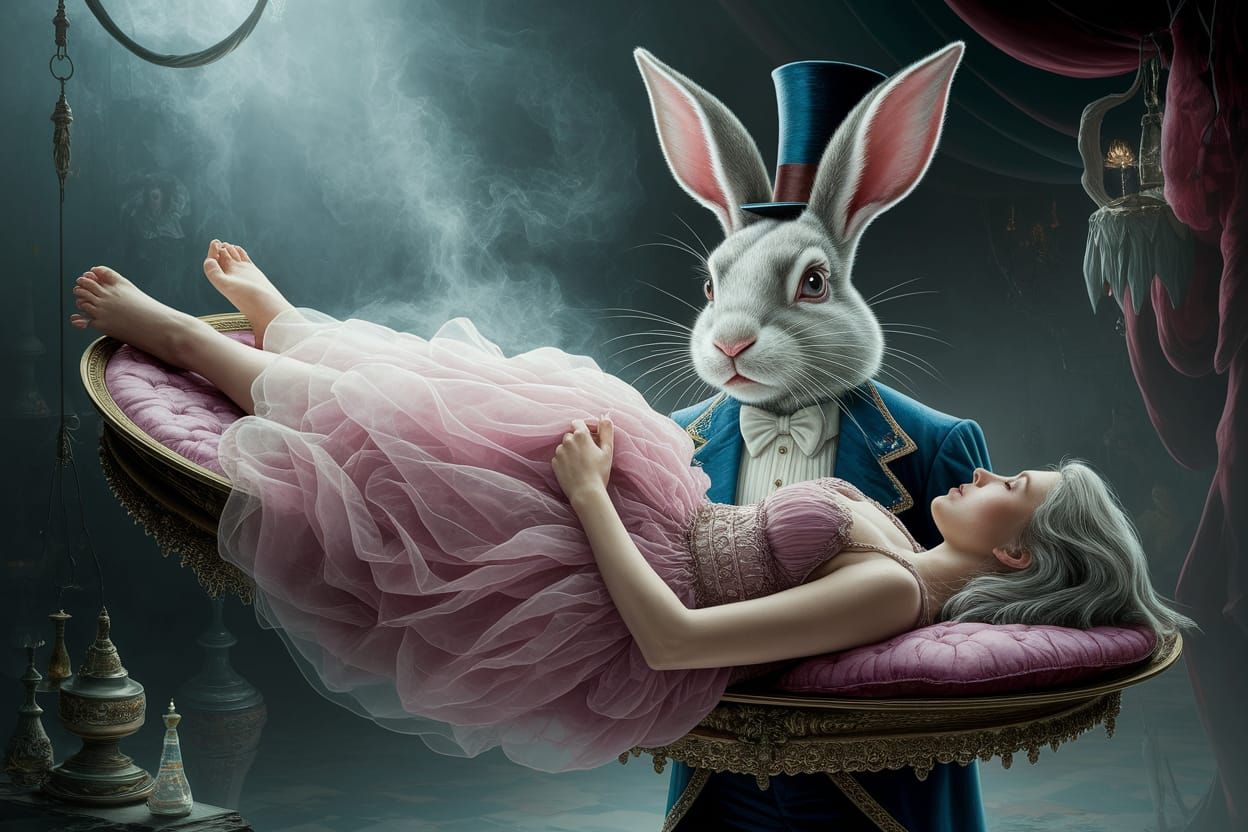 Mystical Rabbit Magician Floats Woman at Dark Circus