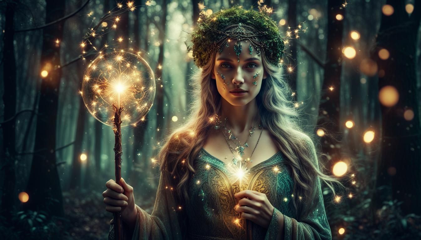 Ethereal Sorceress Reigns Over Luminous Enchanted Forest