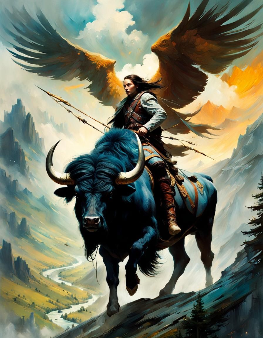 Surreal Bison soars above enchanted Mountains in Digital Art