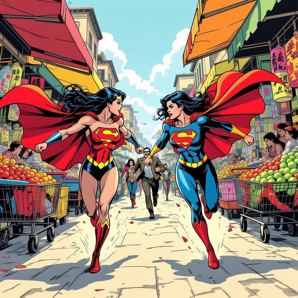 Supergirl and Donna Troy in Dynamic Comic Book Market Chase