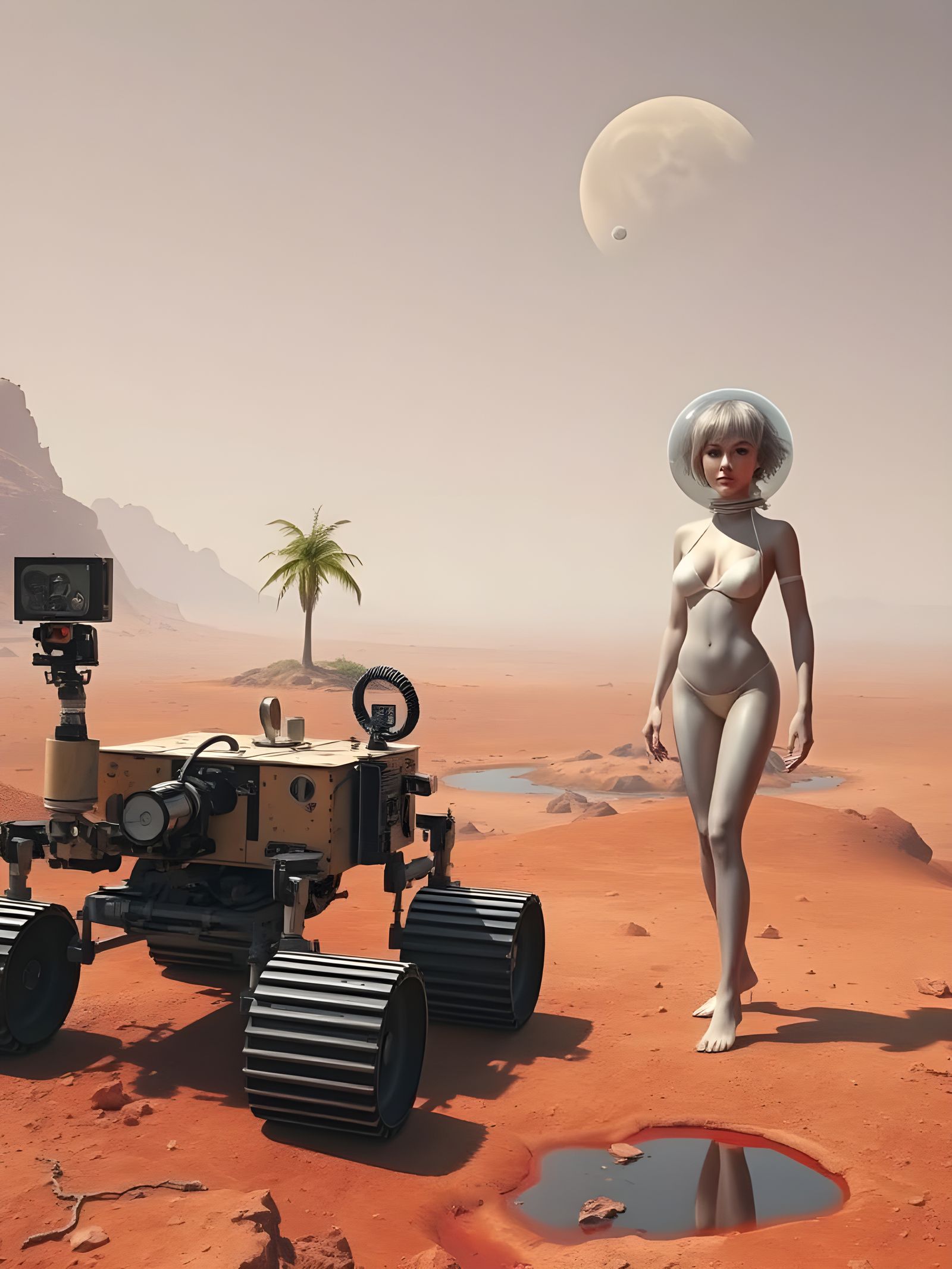 Martian Oasis with Rover Robot in NASA Style