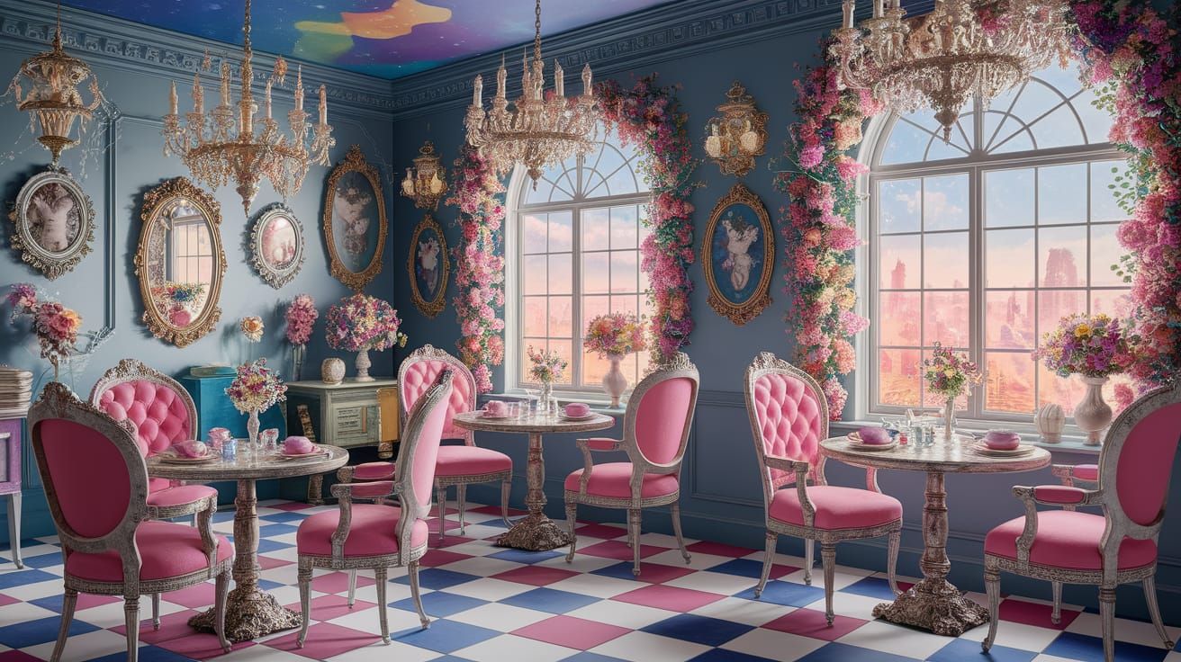 Shabby Chic Cafe Interior with Magical Lanterns and Outer Sp...