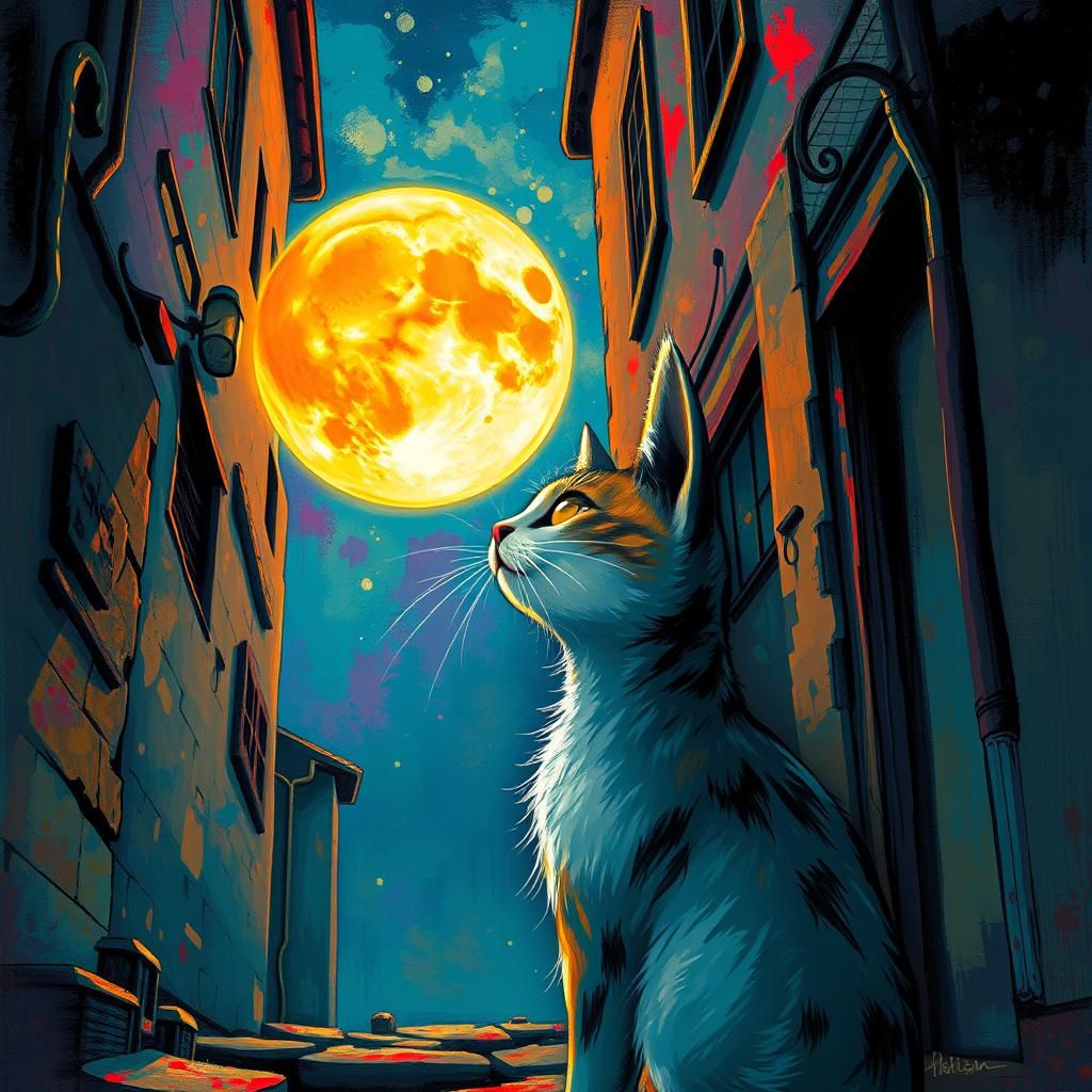 Whimsical Cat Gazing at Vibrant Moonlit Cityscape