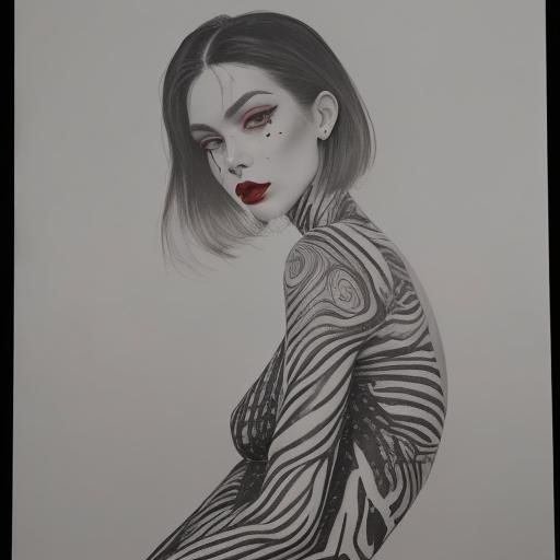 Woman in Geometric Space with Vibrant Red Lips