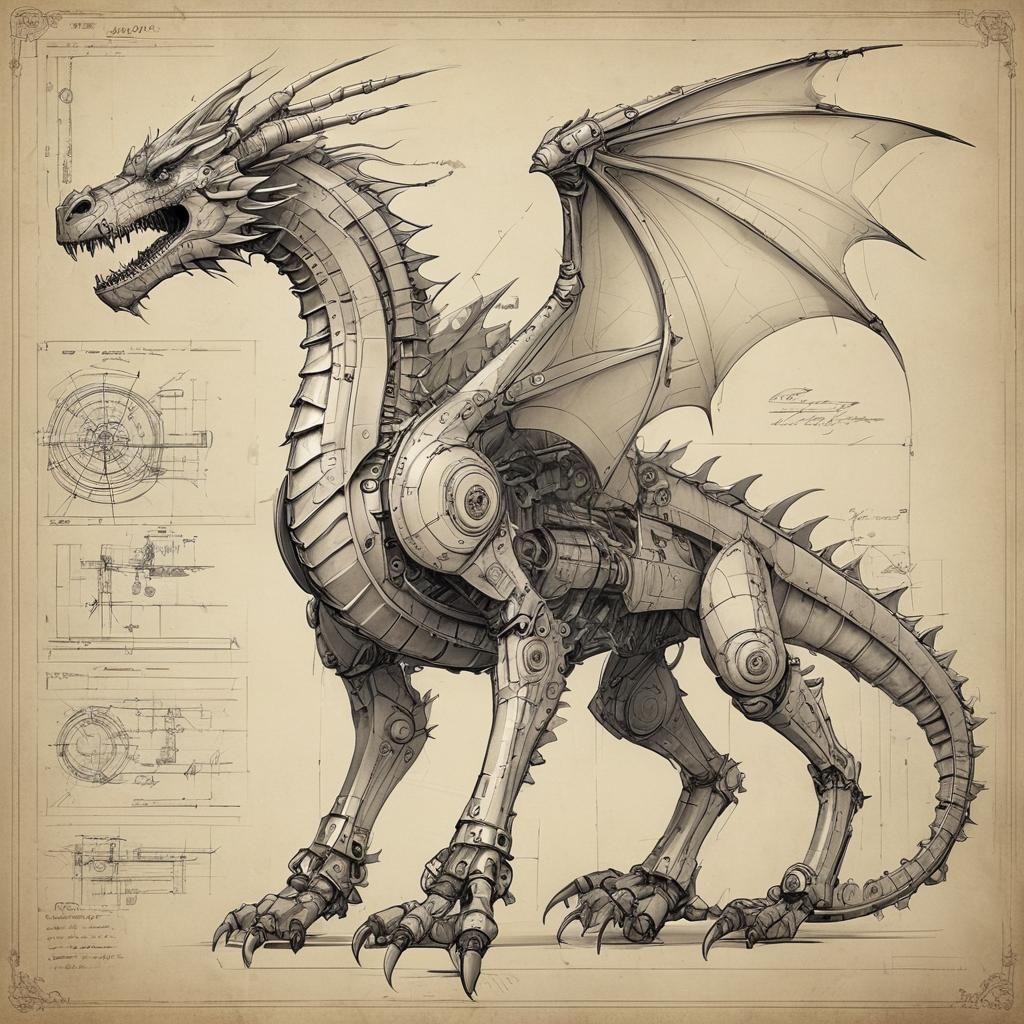 Mechanical Dragon Sketch in Steampunk Blueprints