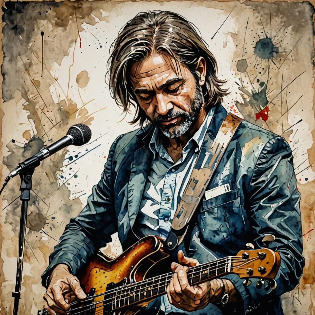 Funky Bass Musician in a Scratched Watercolor Painting