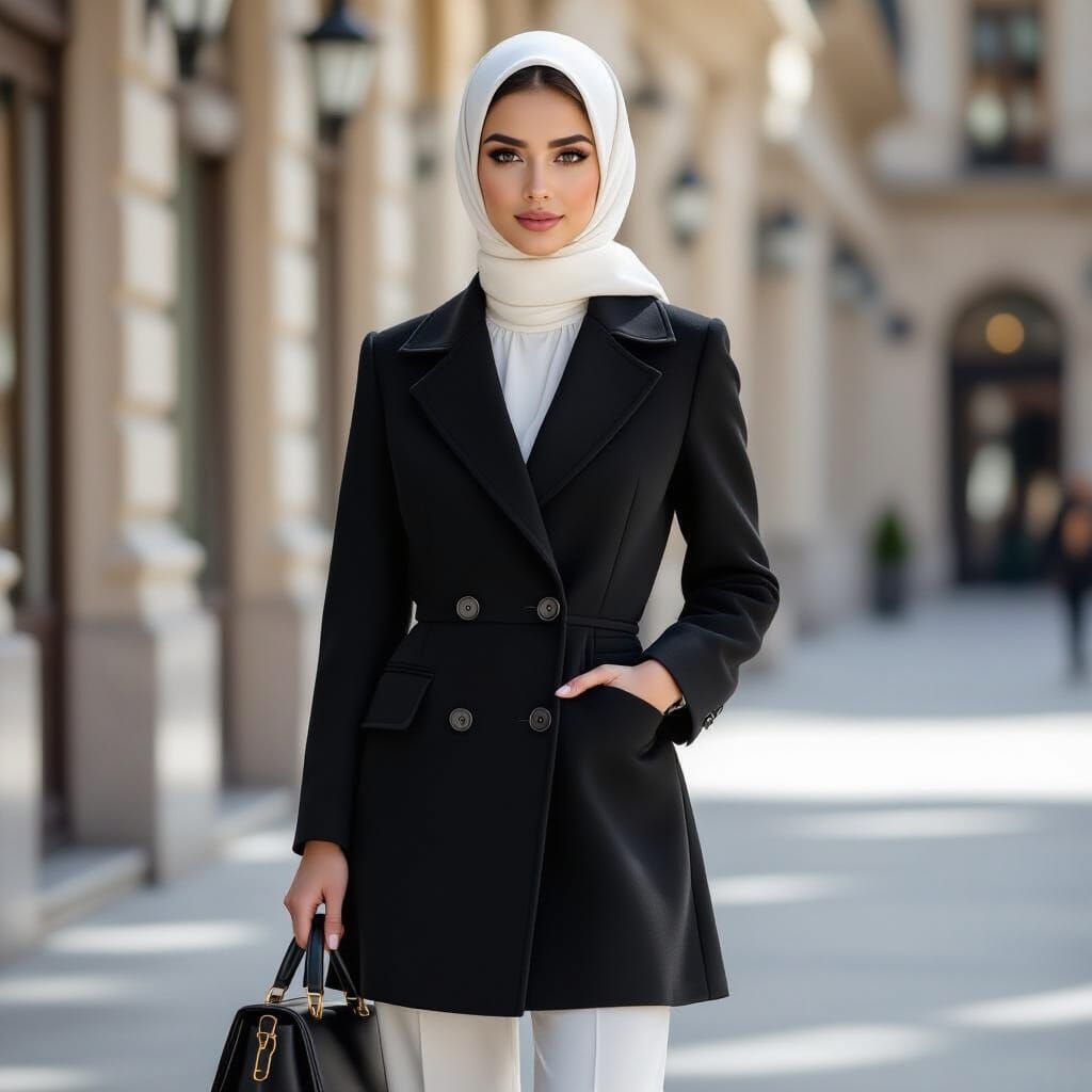 Elegant Woman in Black Manteau and White Trousers