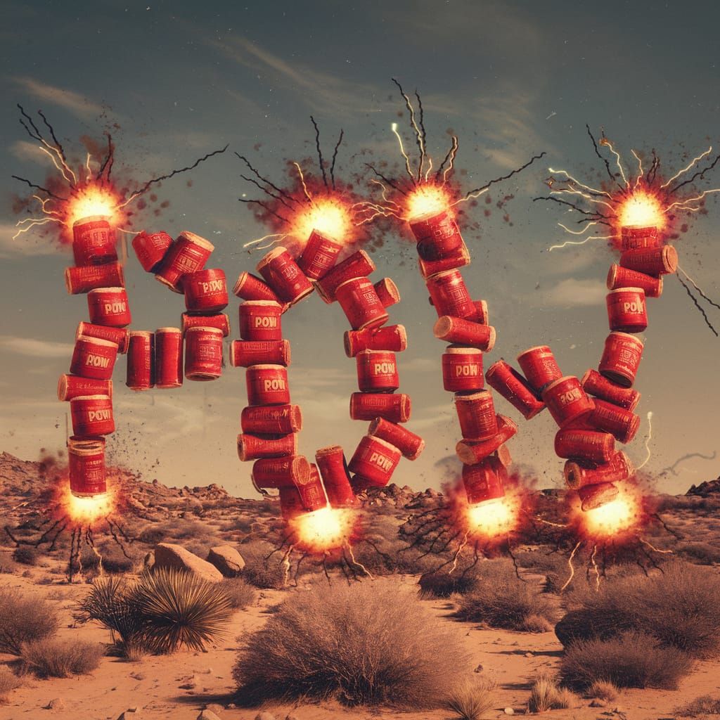 Explosive Letters POW Erupt in Desert Landscape