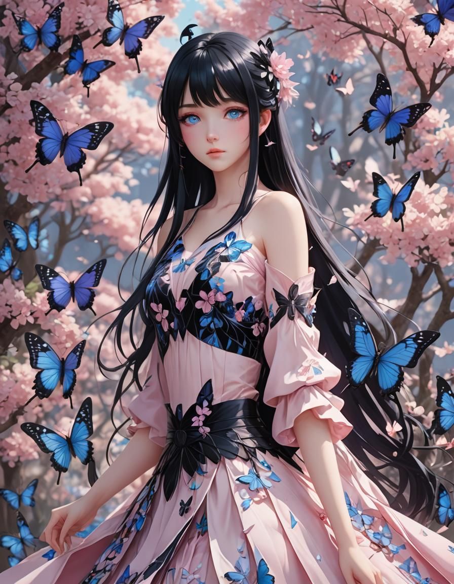Breathtaking Anime Girl in Elegant Butterfly Dress