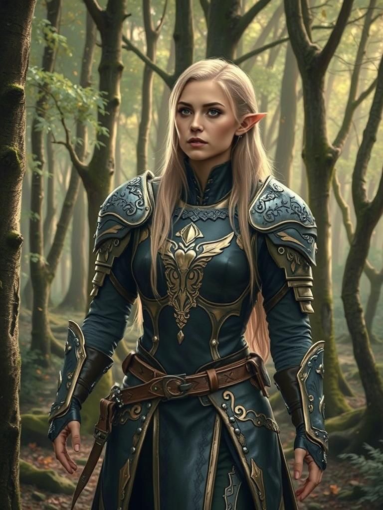 A regal Elf Female warrior, clad in intricately crafted heav...