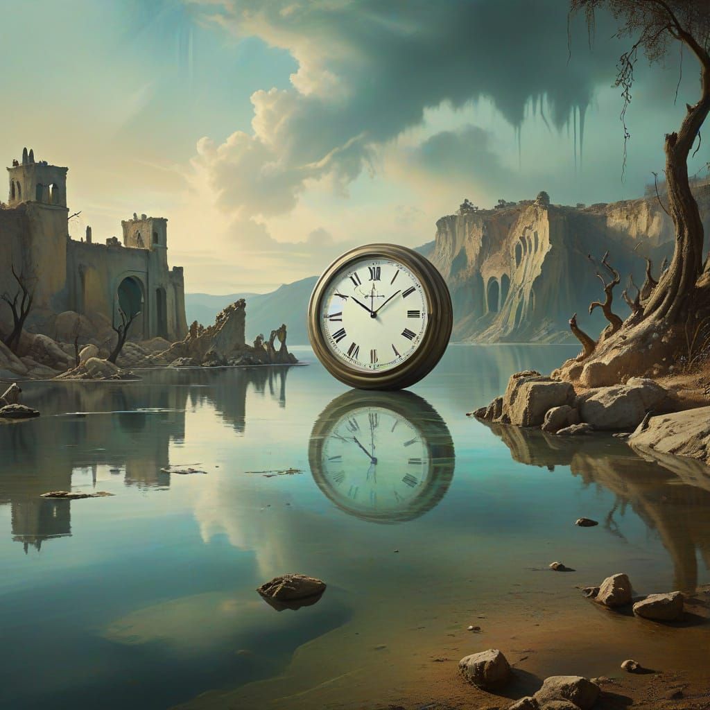 Surreal Dreamscape Lake with Melting Clock