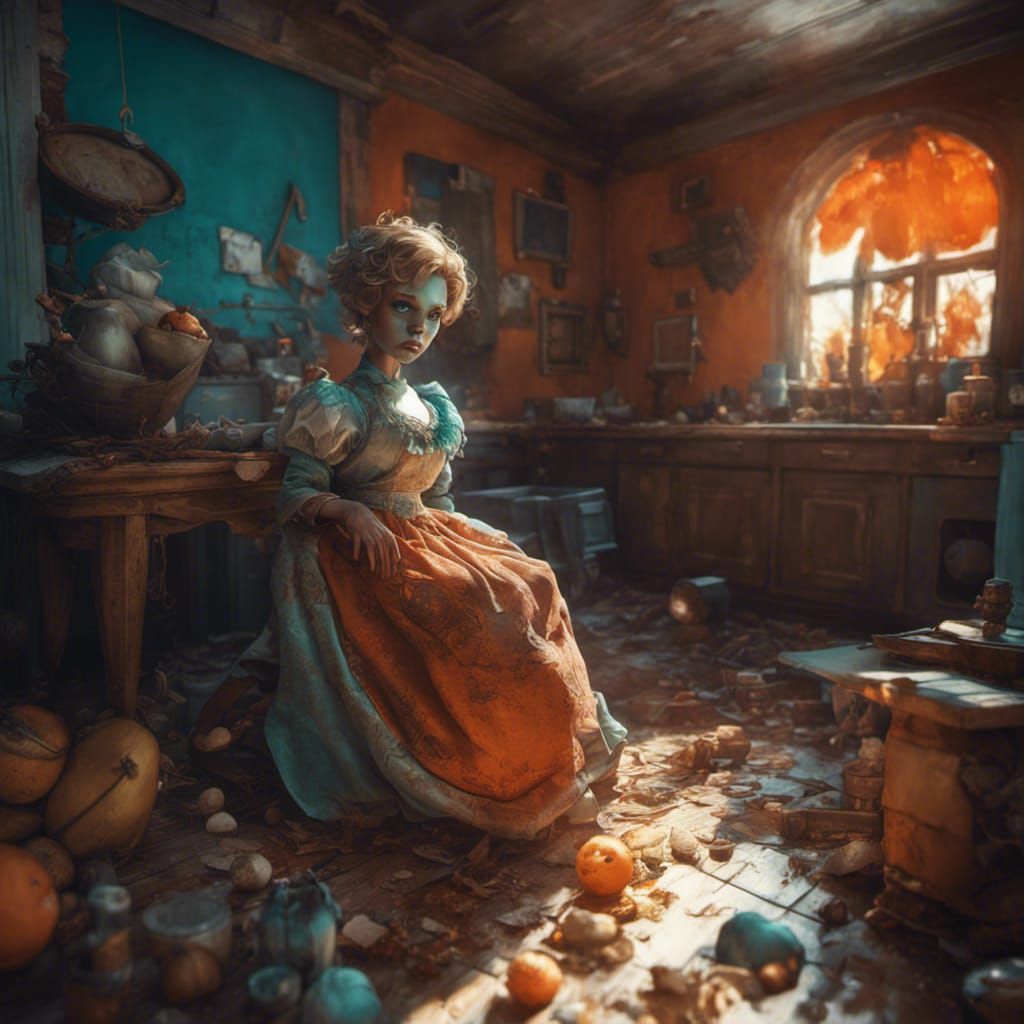 Surreal Horror Concept Art of Abandoned Doll in Triadic Colo...