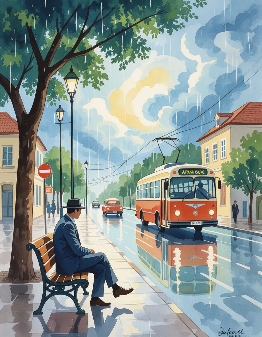 Surrealist Man on Bench in Rain Watercolor Painting