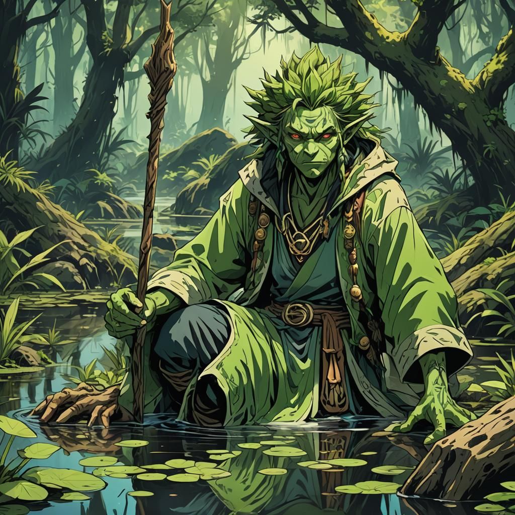 Epic Manga-Style Swamp Druid Boy in Vibrant Cel-Shaded Color...