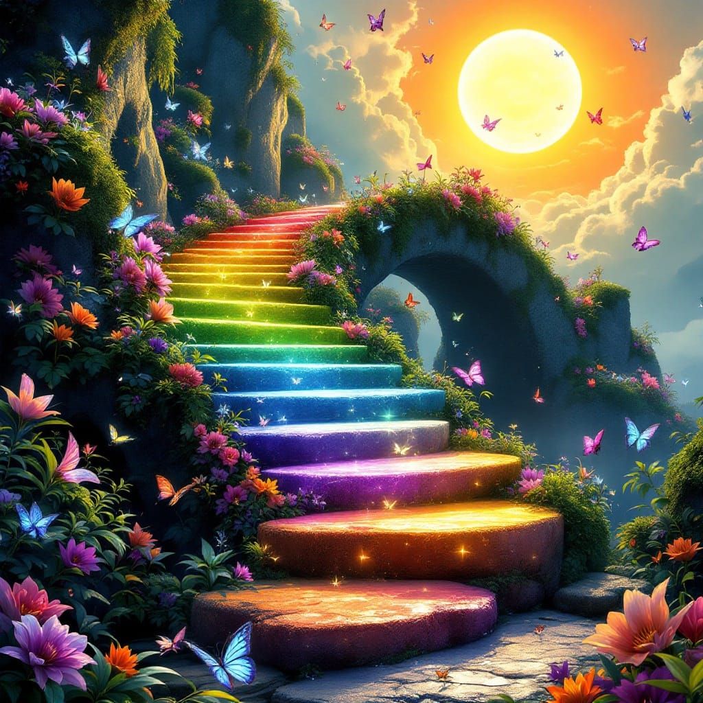 Surreal Rainbow Bridge Ascends into Radiant Sunlight