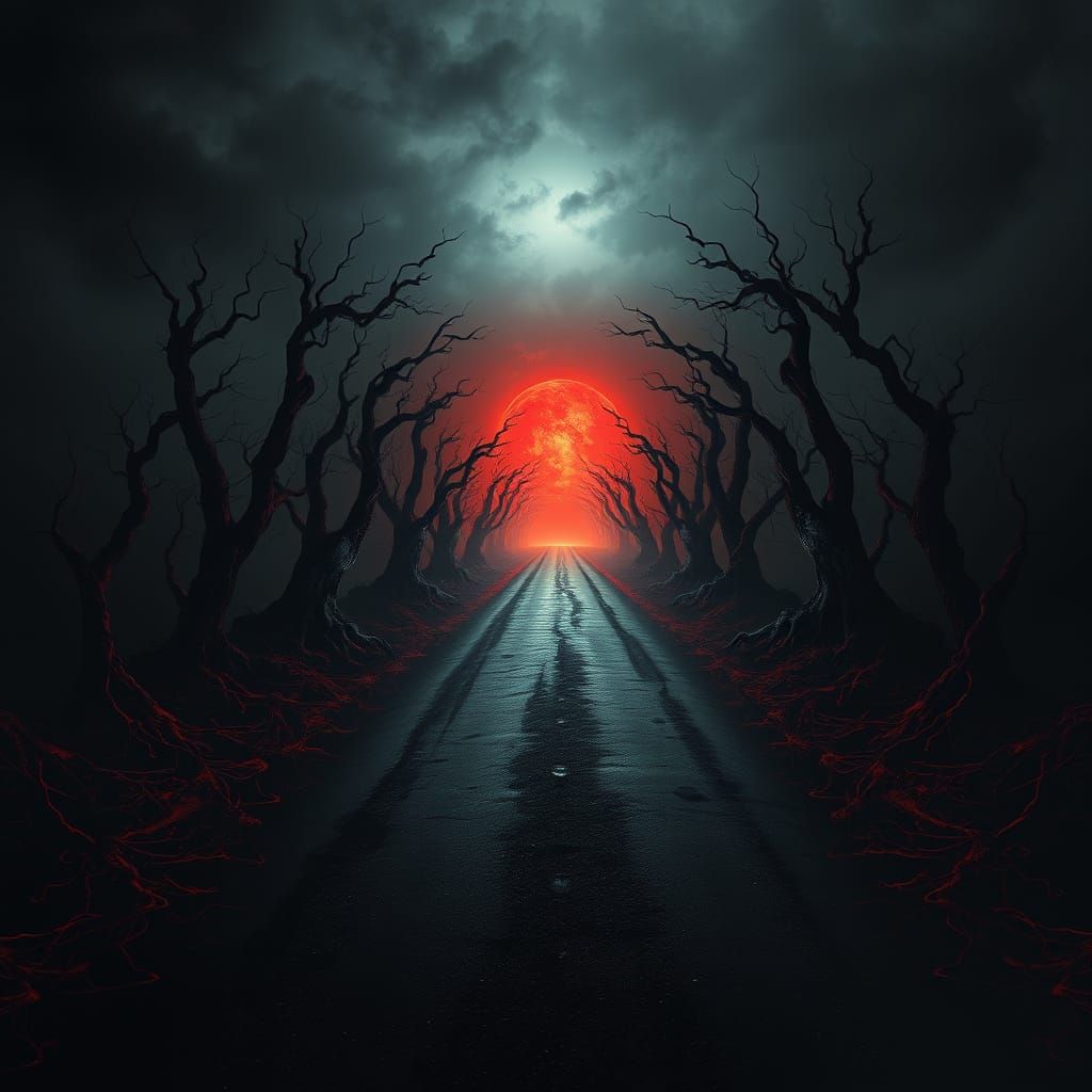 Surreal Dark Road Dissolving into Shadow