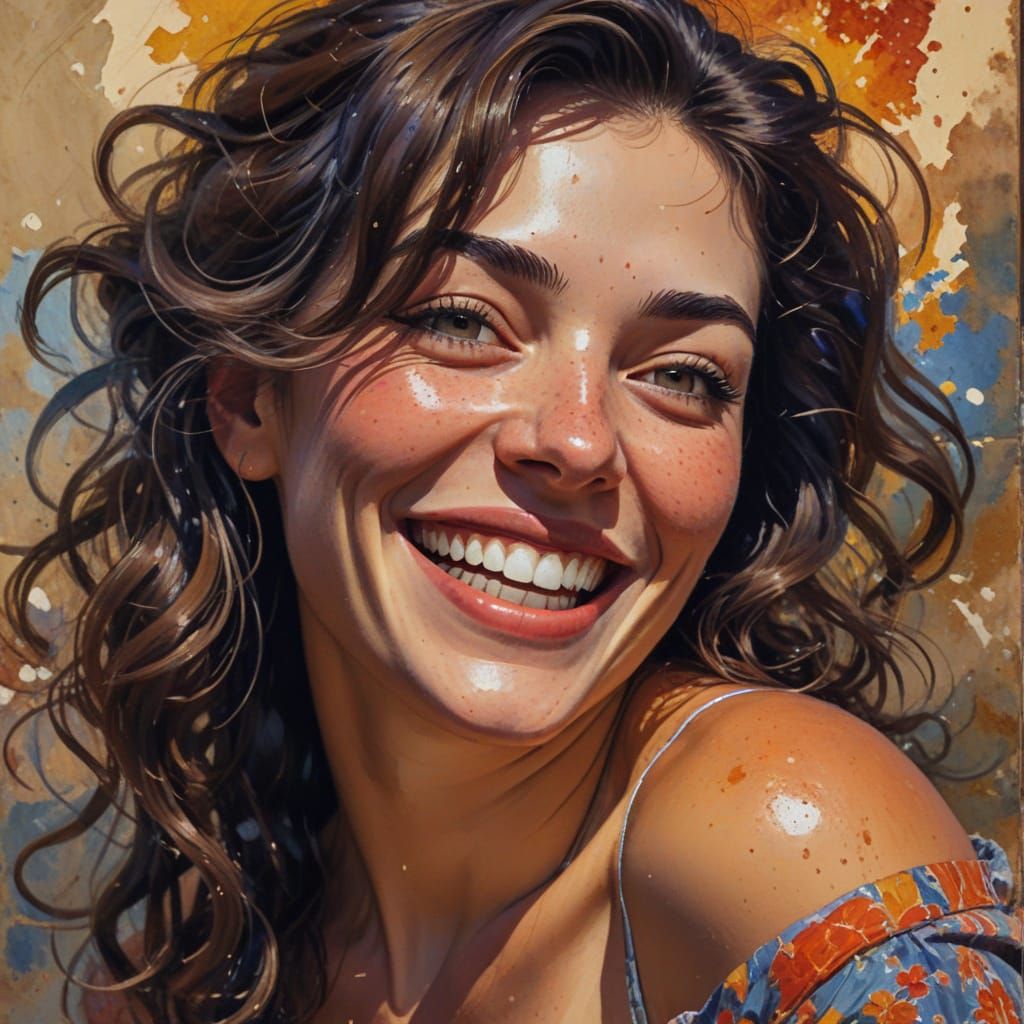 Laughing Woman in Gouache Impressionist Style