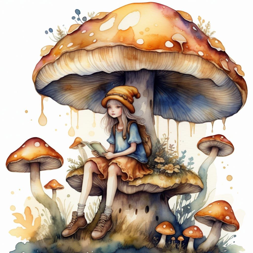 Whimsical Wooduu on Mushroom in Watercolor Style