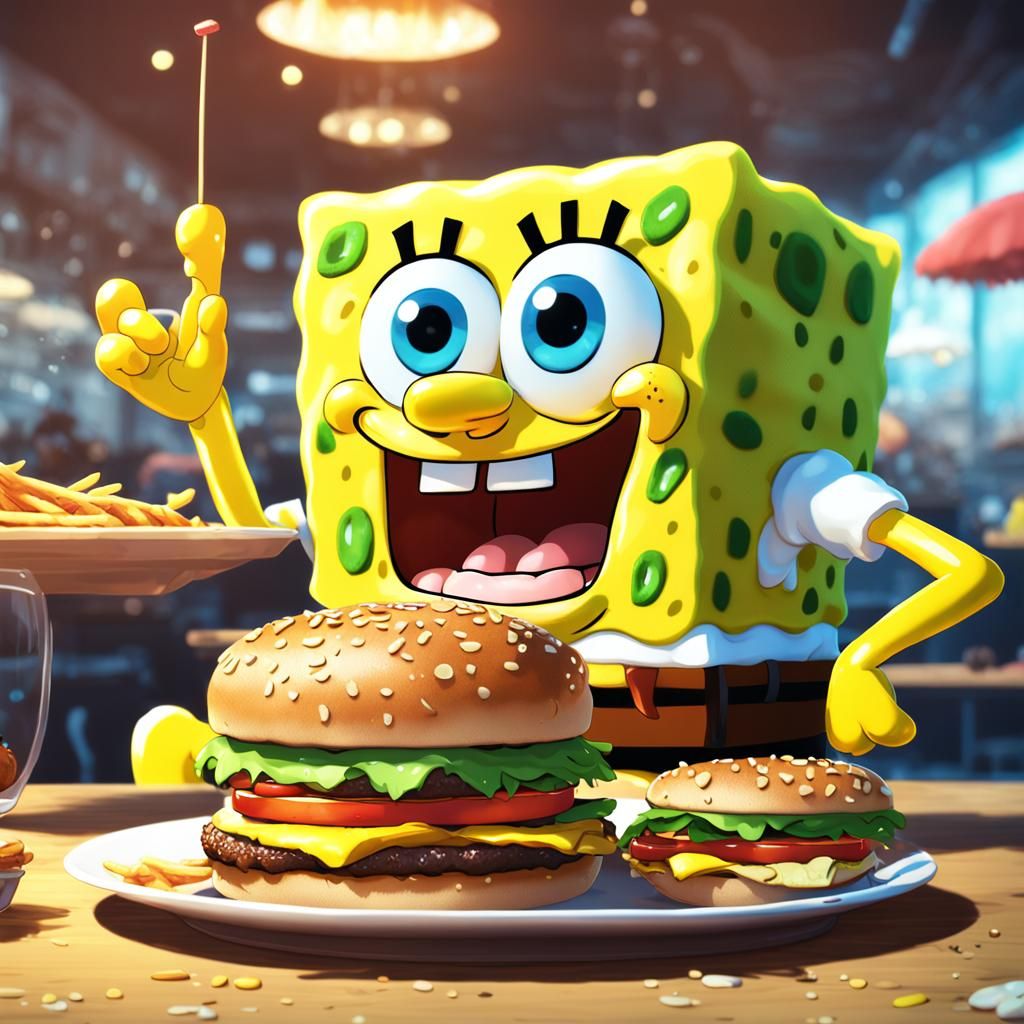 SpongeBob Savoring a Juicy Burger in Vibrant Anime Style