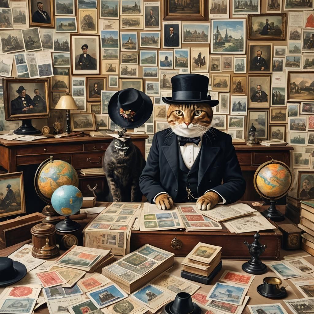 Feline Stamp Collector in Victorian Study