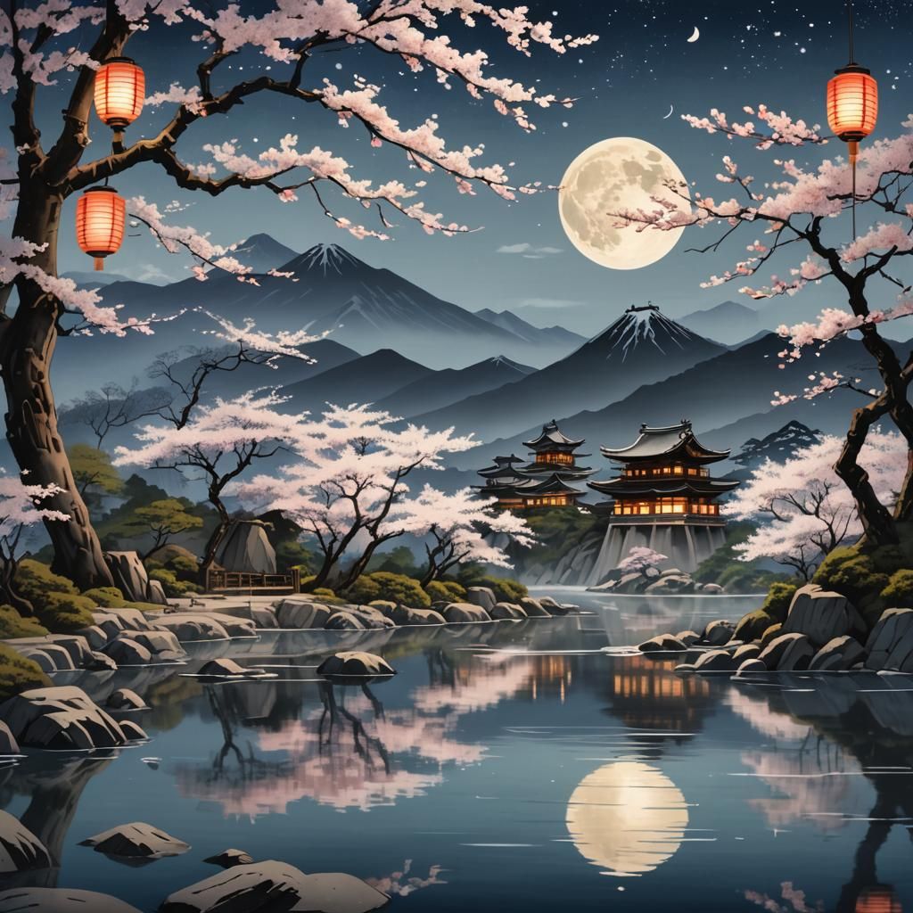 Serene Sakura Night Scene in Traditional Ukiyo-e Style